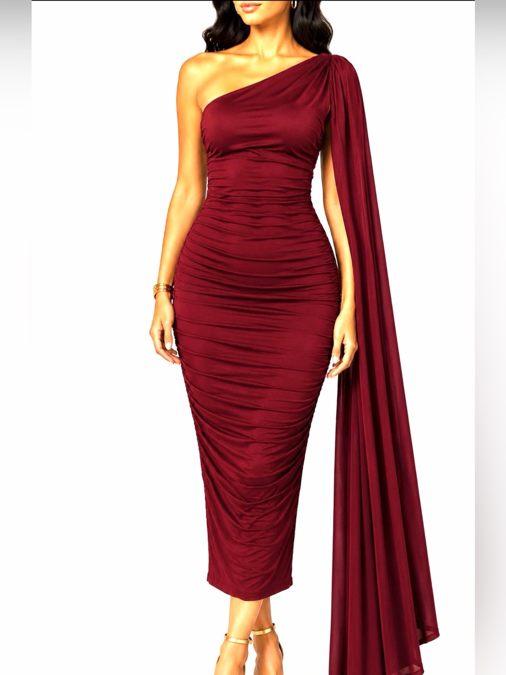 Class & Fashion~One-Shoulder Ruched Burgundy Midi Dress L/XL